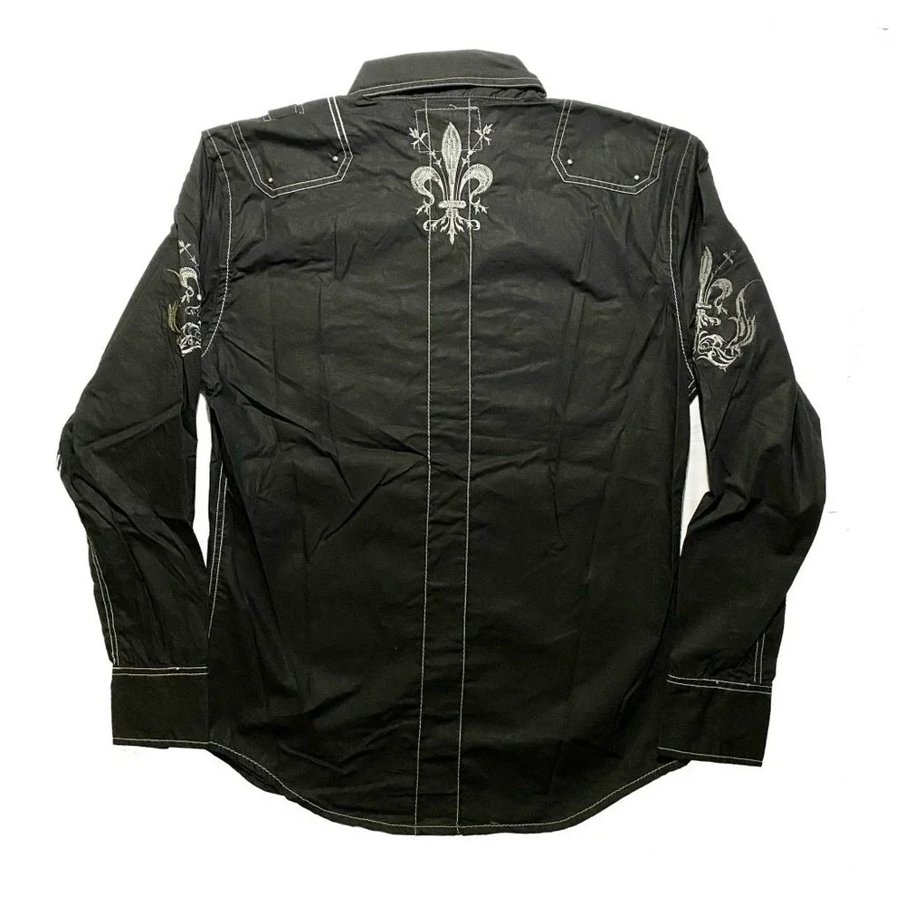 Franky Max Men’s Embroidered w/ Paisley Trims Long Sleeve Shirt Size M Black - Picture 2 of 9